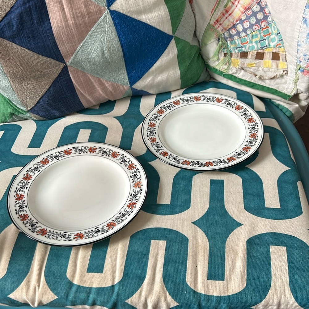 Set of 2 Tiffany and Co. dessert plates. Black and orange floral details